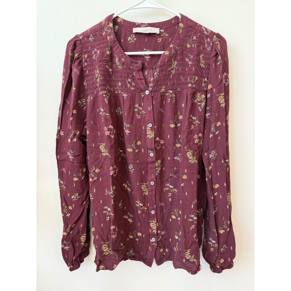 LOFT Womens Large Burgundy Floral Smocked Button Down Blouse Metallic Accents